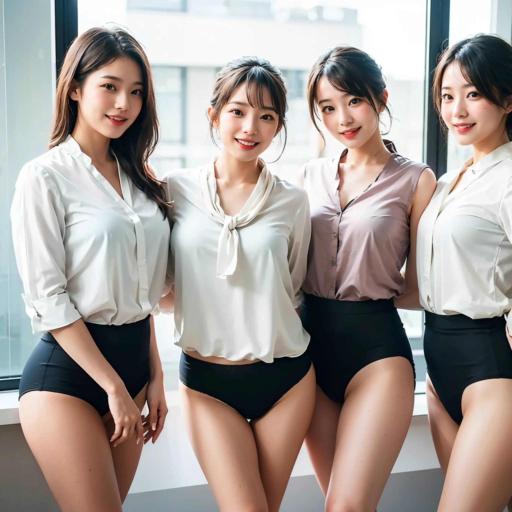 A group of three Japanese office ladies, Everyone looking at the viewer, In a large office, (All smiling)、Highest Resolution, masterpiece, (All wearing elegant formal white high-neck blouse and black panties), ((All wearing neck scarf)), ((dark lace lingerie))