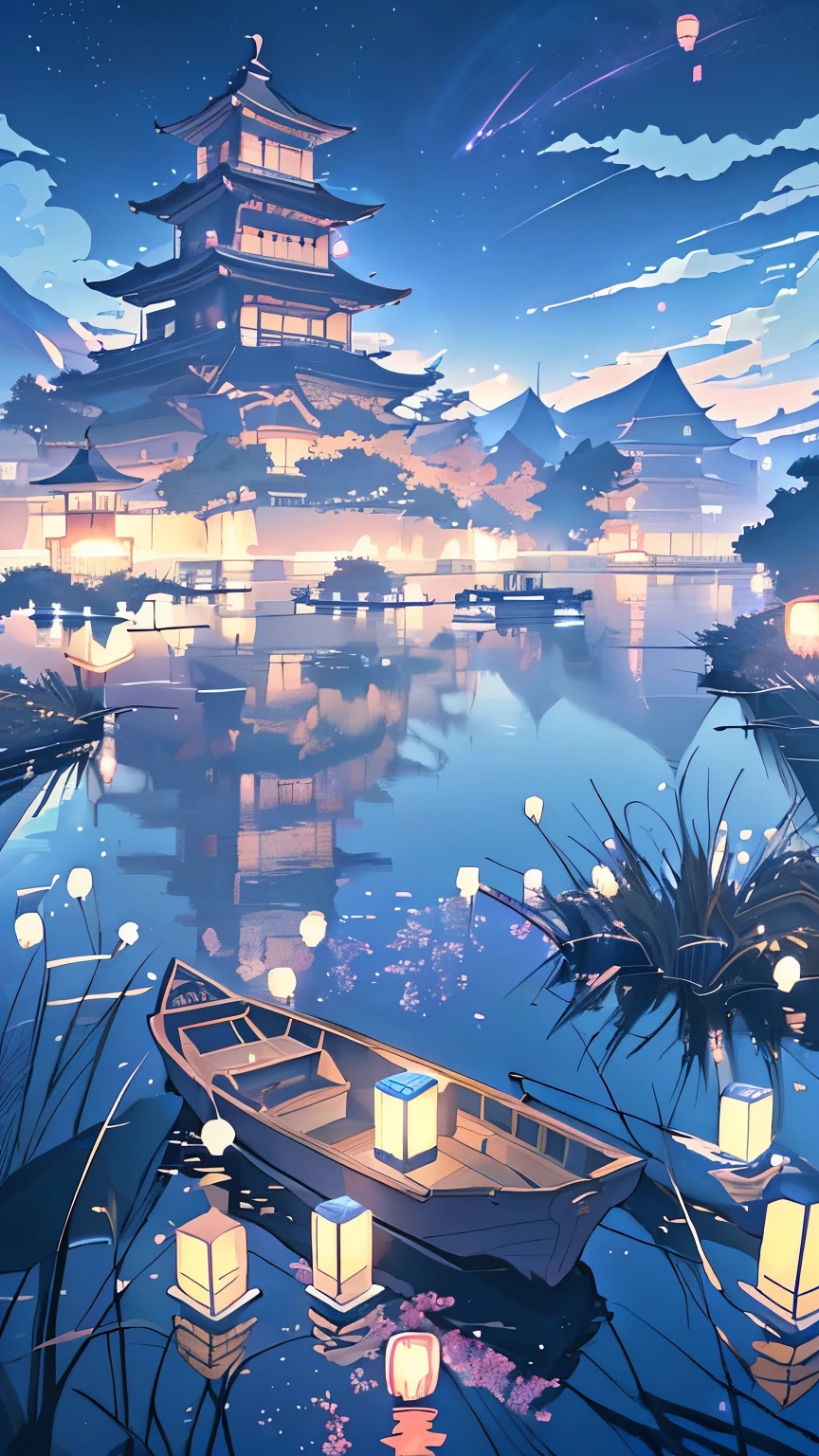 A boat floating on the lake，Anime scenery with lanterns, Anime beautiful peaceful scene, Anime Background art, Anime Art Wallpaper 4K, Anime Art Wallpaper 4K, Anime Background, Beautiful anime scene, anime art wallpaper 8 k, Anime Landscape Wallpaper, Anime Wallpaper 4K, anime wallpaper 4k, Beautiful anime scenery, 4k anime wallpaper, Ross Chen. Landscape background