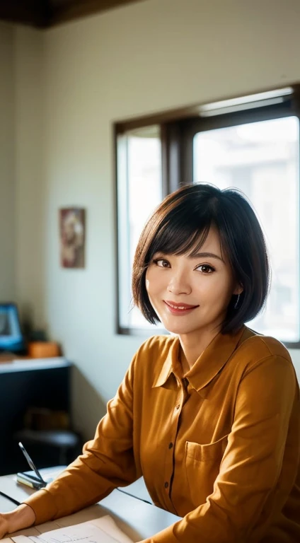 Top quality,8K picture quality,masterpiece:1.3),(Ultra-high resolution,Realism:1.4,original photography),(Ultra Detailed,Caustic lines,Detailed background),(Ultra-realistic capture,Beautifully detailed skin,perfect anatomy),Sitting,Desk,Hands on the table,bright warm light,35 year old mature Taiwanese woman,Single eyelid,Black short bob,dark blue shirt,Looking at the camera,a smile,Natural soft lighting