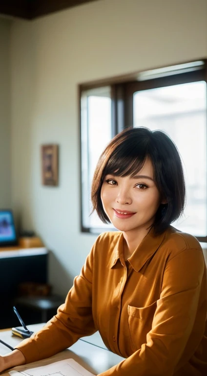 Top quality,8K picture quality,masterpiece:1.3),(Ultra-high resolution,Realism:1.4,original photography),(Ultra Detailed,Caustic lines,Detailed background),(Ultra-realistic capture,Beautifully detailed skin,perfect anatomy),Sitting,Desk,Hands on the table,bright warm light,35 year old mature Taiwanese woman,Single eyelid,Black short bob,dark blue shirt,Looking at the camera,a smile,Natural soft lighting