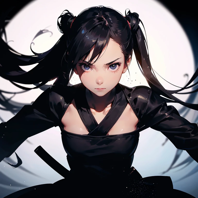 beautiful silhouette of a girl with floating dust particles around her, standing fearlessly, panoramic view of a girl, (Katana in sheath:0.9), (the girl looks at the viewer with impeccable vision:1.3), (bring your face closer:1.3), (focus on the face:1.3), there's a whirlwind behind her, behind her there is a quiet and atmospheric background, filled with destroyed buildings and structures., (((Ruin))), (fogное небо:1.3), (bright colors:1.7), (sharp focus:1.3), (cinematic lighting), (tornado in the background:1.3), (fog:1.3), ((Conveying a sense of mystery and intensity)), forced witness, (horror theme:1.4), long hair, ((girl sitting in the background:1.4 ))