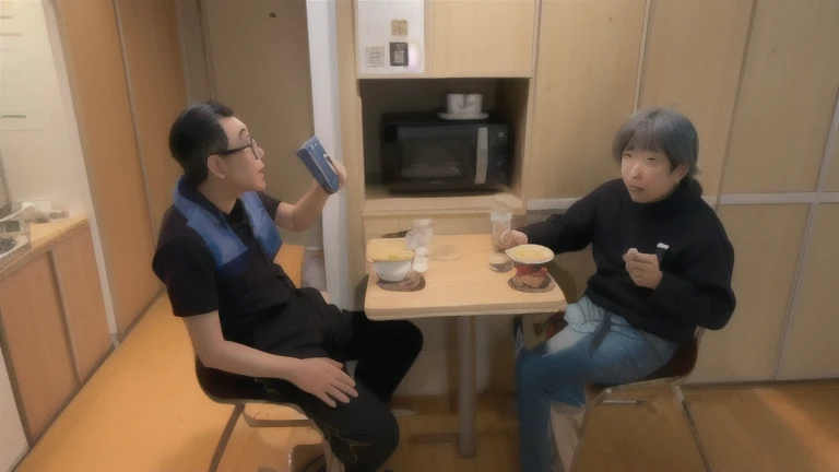 They are sitting at the table and eating together, In a Japanese apartment, shinji higuchi and tomoki kyoda, Filmed in the early 2020s, katsuhiro and inio asano, zeen chin and terada katsuya, Eat ramen, Photos taken in 2020, junji ito and horiyoshi iii