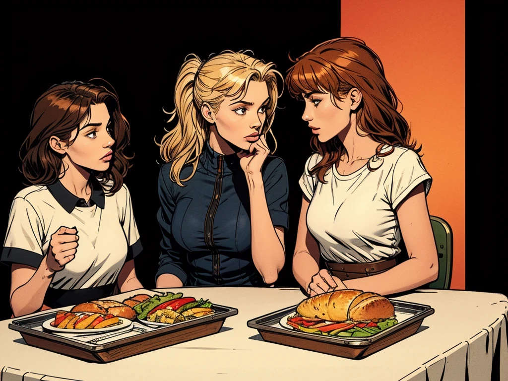 typical bright college dining hall:1.2,metal square tray:1.2, morning, hooligan girls:, side-by-side,chatting, gossip, modern teenager outfit:1.2, blond, black-haired, red-haired, simple table,, pale background