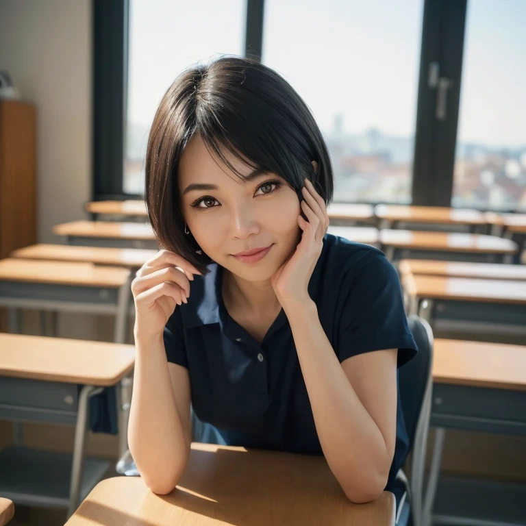 Top quality,8K picture quality,masterpiece:1.3),(Ultra-high resolution,Realism:1.4,original photography),(Ultra Detailed,Caustic lines,Detailed background),(Ultra-realistic capture,Beautifully detailed skin,perfect anatomy),Sitting,Desk,Hands on the table,bright warm light,35 year old mature Taiwanese woman,Single eyelid,Black short bob,dark blue shirt,Looking at the camera,a smile,Natural soft lighting