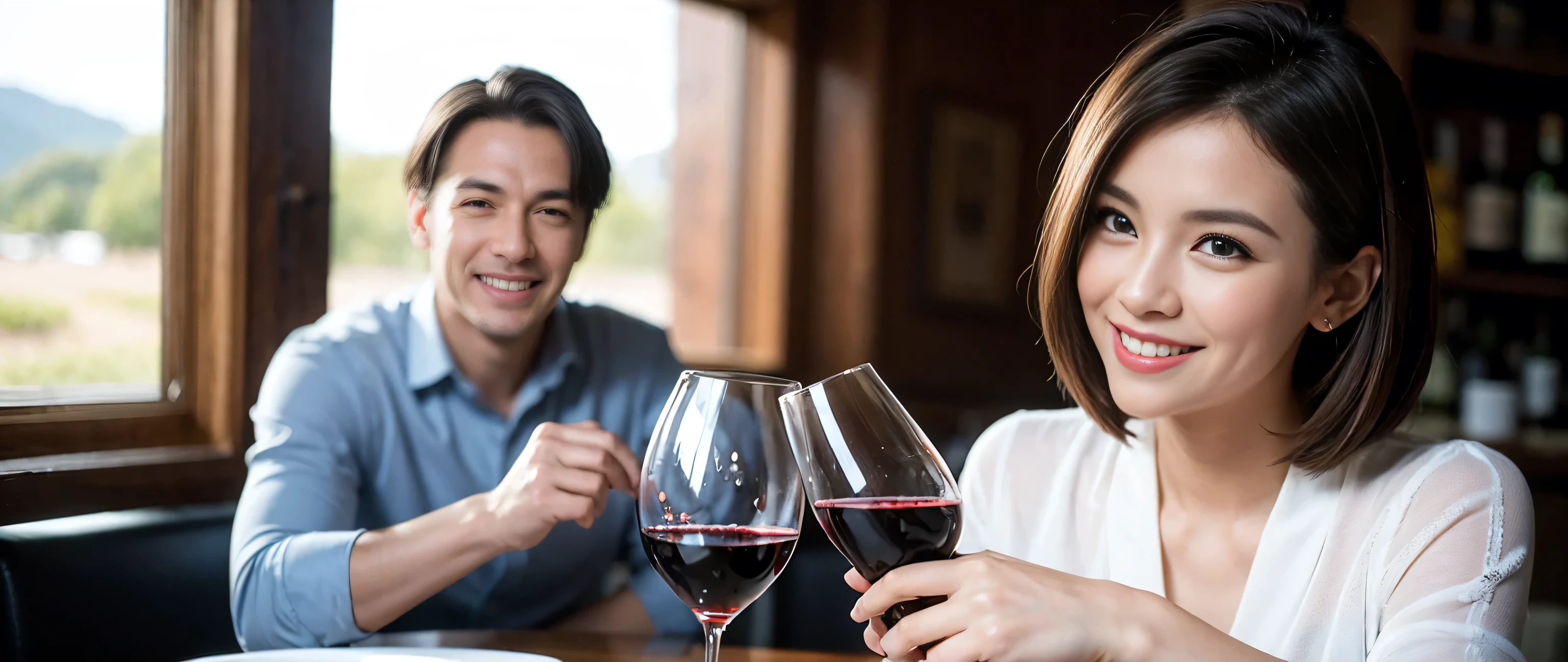 ((highest quality、8k、masterpiece:1.3))、1 male、1 female、liquor,pretty girl,Wine Party、Spouse、Couple、The body is slim、((Bob Hale、Straight hair:1.2)), (Realistic, Intricate details:1.2), Wine glass on the table、Put the light on your face、 Amazing view of the sunset sky and clouds、Amazing mountain views、A bright smile、The wonderfulness of smile、Bright image、The beauty of wine, Beautiful Face, blue eyes, The light shines on your face, Blushing, short hair,Bright Face、 (Age 37), 32 years old, red wine 、Appetizers、Italian food、Wine bottle、Champagne、sparkling wine、Two beauties、Brown Hair、Shortcuts、Long sleeve shirt、dress、Pretty Woman 1, (Slim face), (The body is slim), (Brown Hair), (Shortcuts), cheeks turn a little red,Attractive beauty、restaurant, In a prominent place (From the waist up) Nova Frog Style, actress, model, Upper Body, White wine, slim, wine glass, A wine glass placed in the center, smile, (smile: 1.15), Beautiful fine grain, Depth f/2,saturation, High Contrast, Strong light and shadow,Moist Body:1.5、3D texture、Delicate eyes、Brown Hair、The hair is very shiny、