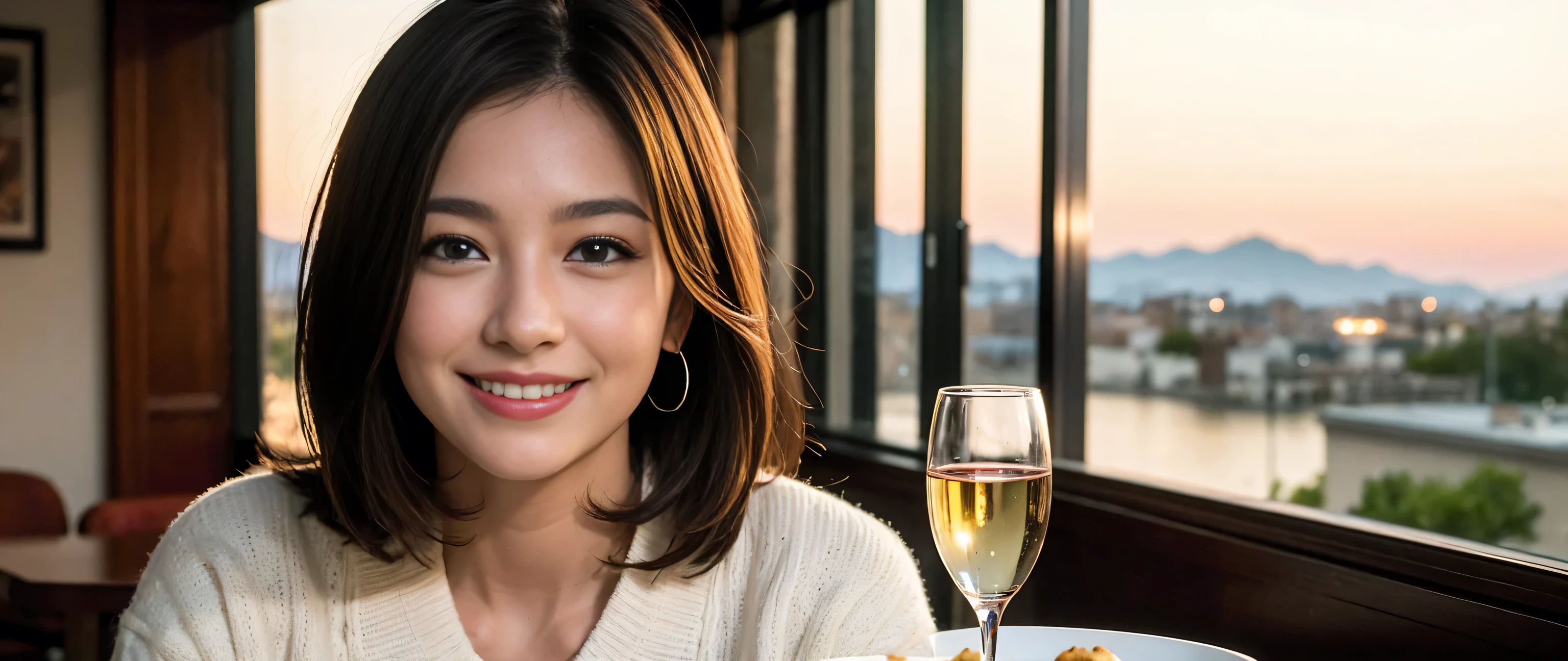 ((highest quality、8k、masterpiece:1.3))、1 male、1 female、liquor,pretty girl,Wine Party、Spouse、Couple、The body is slim、((Bob Hale、Straight hair:1.2)), (Realistic, Intricate details:1.2), Wine glass on the table、Put the light on your face、 Amazing view of the sunset sky and clouds、Amazing mountain views、A bright smile、The wonderfulness of smile、Bright image、The beauty of wine, Beautiful Face, blue eyes, The light shines on your face, Blushing, short hair,Bright Face、 (Age 37), 32 years old, red wine 、Appetizers、Italian food、Wine bottle、Champagne、sparkling wine、Two beauties、Brown Hair、Shortcuts、Long sleeve shirt、dress、Pretty Woman 1, (Slim face), (The body is slim), (Brown Hair), (Shortcuts), cheeks turn a little red,Attractive beauty、restaurant, In a prominent place (From the waist up) Nova Frog Style, actress, model, Upper Body, White wine, slim, wine glass, A wine glass placed in the center, smile, (smile: 1.15), Beautiful fine grain, Depth f/2,saturation, High Contrast, Strong light and shadow,Moist Body:1.5、3D texture、Delicate eyes、Brown Hair、The hair is very shiny、