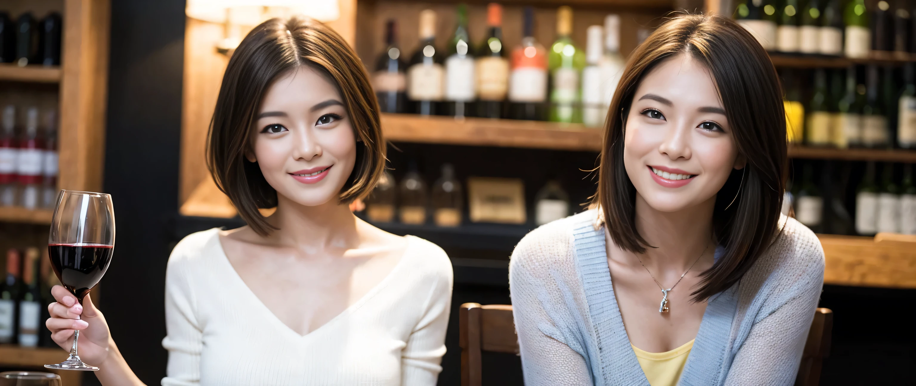 ((highest quality、8k、masterpiece:1.3))、1 male、1 female、liquor,pretty girl,Wine Party、Spouse、Couple、The body is slim、((Bob Hale、Straight hair:1.2)), (Realistic, Intricate details:1.2), Wine glass on the table、Put the light on your face、 Amazing view of the sunset sky and clouds、Amazing mountain views、A bright smile、The wonderfulness of smile、Bright image、The beauty of wine, Beautiful Face, blue eyes, The light shines on your face, Blushing, short hair,Bright Face、 (Age 37), 32 years old, red wine 、Appetizers、Italian food、Wine bottle、Champagne、sparkling wine、Two beauties、Brown Hair、Shortcuts、Long sleeve shirt、dress、Pretty Woman 1, (Slim face), (The body is slim), (Brown Hair), (Shortcuts), cheeks turn a little red,Attractive beauty、restaurant, In a prominent place (From the waist up) Nova Frog Style, actress, model, Upper Body, White wine, slim, wine glass, A wine glass placed in the center, smile, (smile: 1.15), Beautiful fine grain, Depth f/2,saturation, High Contrast, Strong light and shadow,Moist Body:1.5、3D texture、Delicate eyes、Brown Hair、The hair is very shiny、