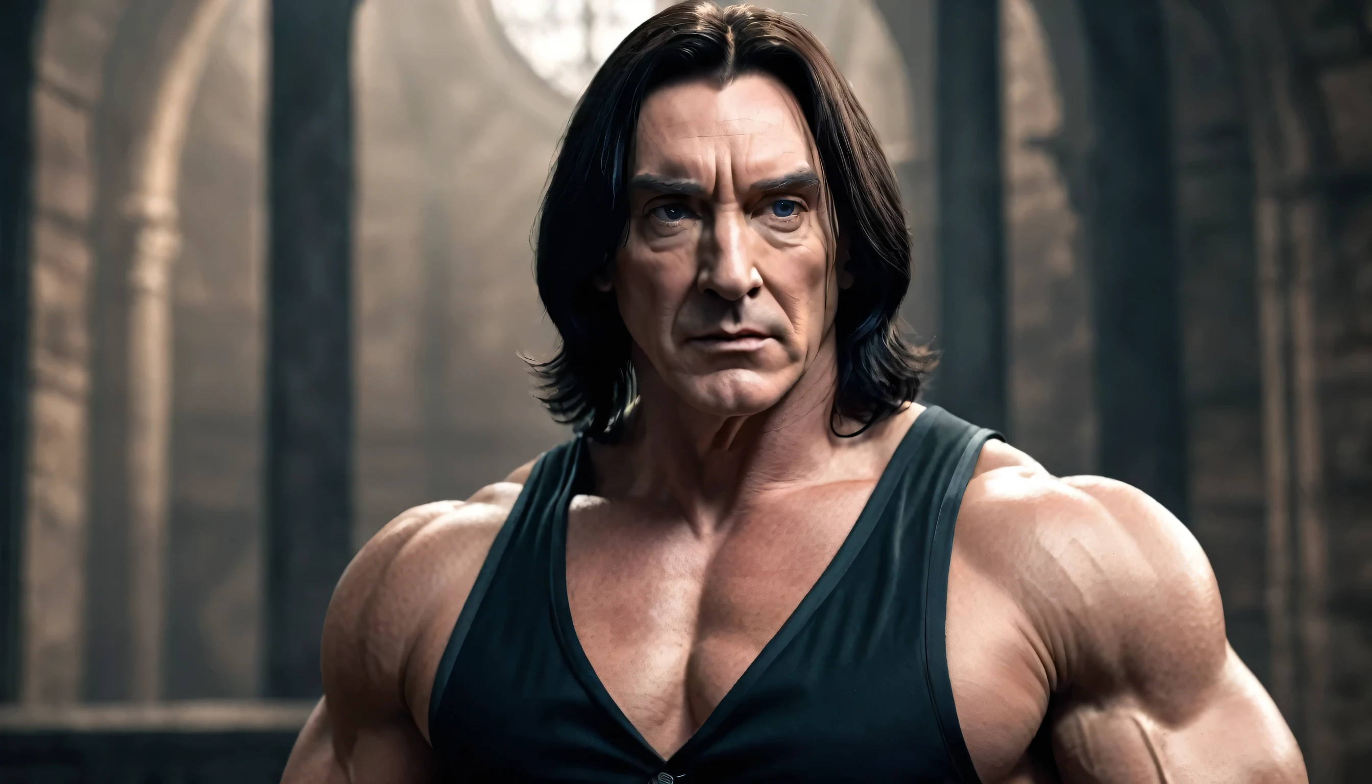 Very Handsome Professor Severus Snape with a really big chiseled jawline, slim nose, hunter eyes, he have a really big muscle visible, he is bodybuilder, is looking straight with a angry look inside his magic academy, Ultra realistic, he is posing for a photoshoot
