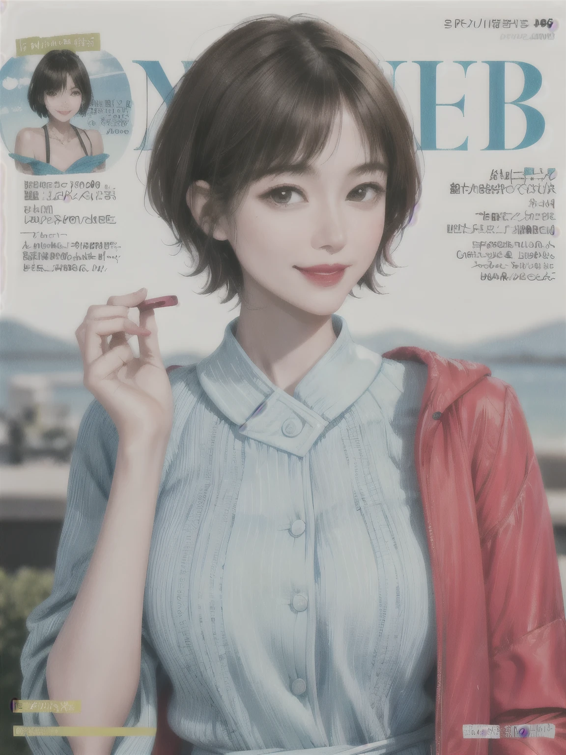 234 20-year-old female, short hair, Summer travel magazine, A kind smile, lipstick, Photo quality