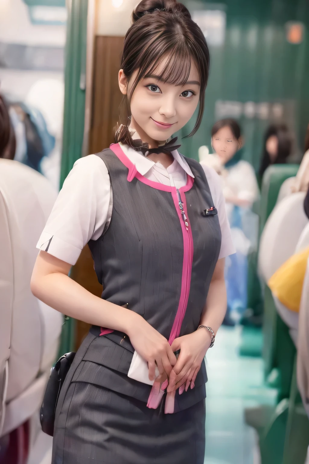 (masterpiece:1.2, highest quality:1.2), 32K HDR, High resolution, (alone、1 girl)、（On board the Shinkansen、Professional Lighting）、Background in the car、（Realistic style wearing JR GranClass attendant uniform）、Blouse with short sleeves、Scarf around the neck、（JR GranClass attendant uniform with pink parts on the sleeves of the skirt）、（JR GranClass attendant uniform with pink line on front zipper of vest）、Dark brown hair、（Hair tied up、Bun Hair、Chignon）、Dark brown hair、Long Shot、Big Breasts、（（Fine hand：2.0）），（（Harmonious body proportions：1.5）），（（Normal limbs：2.0）），（（Normal finger：2.0）），（（Delicate eyes：2.0）），（（Normal eyes：2.0））)、Luxury Necklace、smile、Beautiful standing posture,Place your hands around your stomach