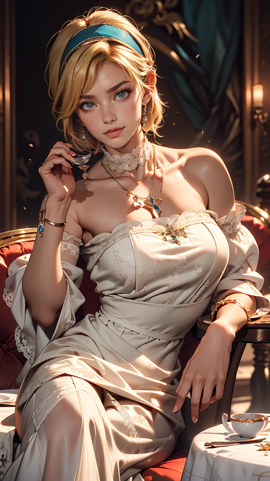(8K, RAW Photos, highest quality, masterpiece:1.2), (Realistic, photo-Realistic:1.37)、Earrings, eyelash, pantyhose、セクシーな刺激的なsmile、 (Shiny skin:1.05)、Venus Body、Having her hair done、My chest is popping out、Wear accessories on your wrist、Wearing accessories on the ankle、Background blur((depth of field)、smile、23 year old white female、Silver Hair、long hair、blue eyes、Edwardian era women