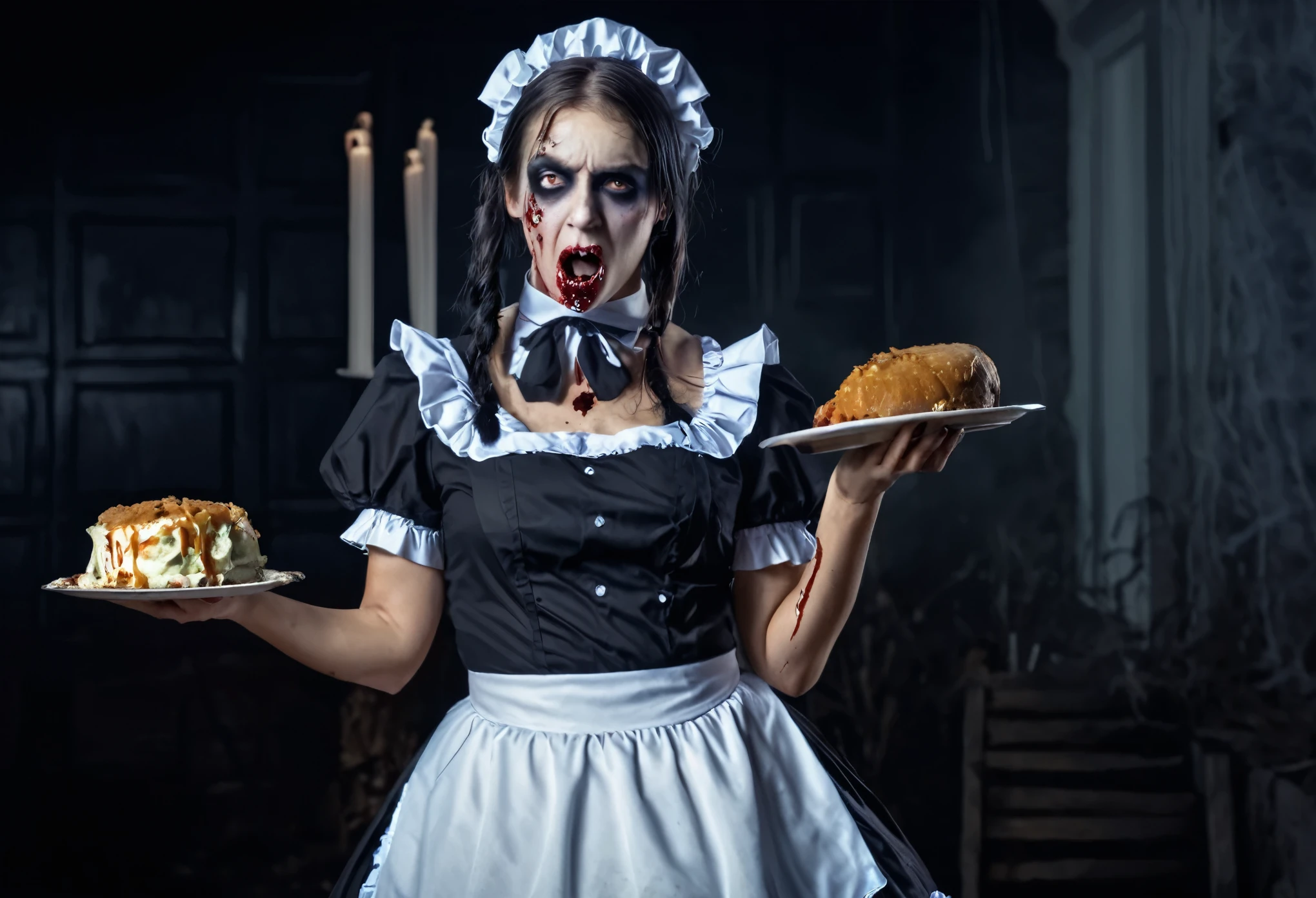 A zombie woman in a maid outfit, she is hungry and wants the viewers brain. horror, Halloween night
