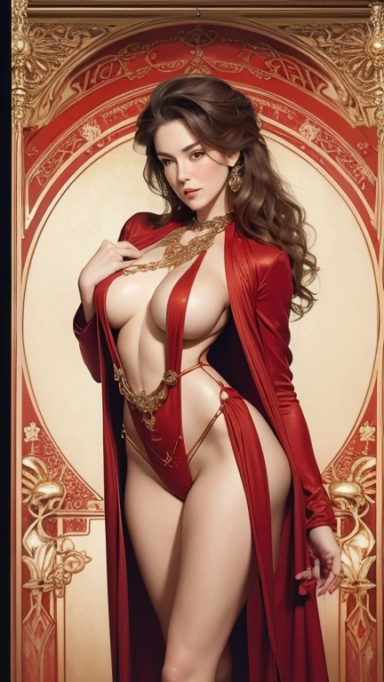 a beautiful attractive young topless in copper colored one-piece silk micro sling monokini with low waist and high cut legs ,perfect face and body, over size red velvet overcoat, art nouveau background, intricate chain jewelry suspenders, beautiful saggy breast, large hanging breasts ,medium long shot ,elegance pose