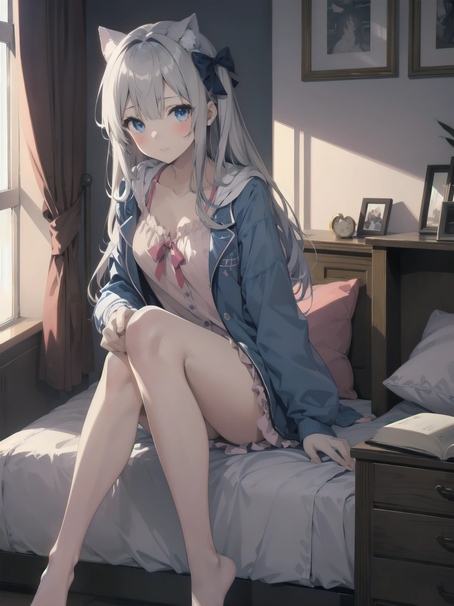 1girl, solo, long hair, looking at viewer, blush, bangs, blue eyes, long sleeves, bow, sitting, closed mouth, collarbone, jacket, hair bow, grey hair, thighs, frills, open clothes, indoors, hood, legs, book, bare legs, window, bed, on bed, stuffed toy, pink bow, blue jacket, pajamas, slippers, bedroom, izumi sagiri