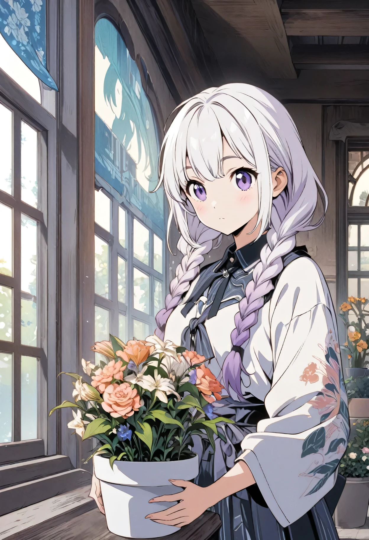 Best Quality,Official art,the Extremely Detailed CG Unity 8K Wallpapers,Slight retro color,riso print style,Illustration,Cute,1 girl,yinji, purple hair, purple eyes, long hair, white hair, double braids, gradient hair, Flowers,Window,flower pots,