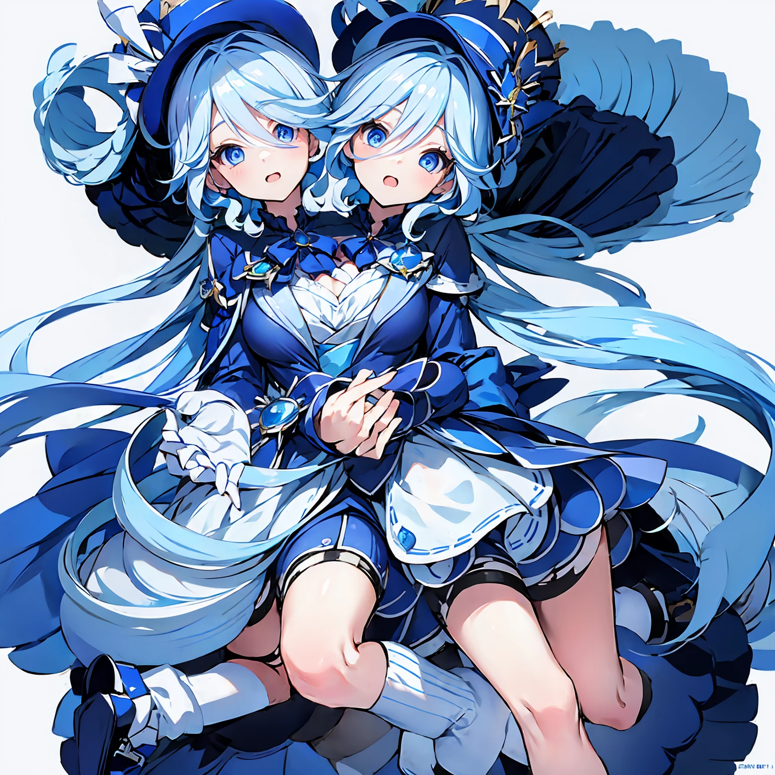 masterpiece,best quality,best resolusion,1 girl,detailed,2heads:2.5,Furina character,short white hair with a little blue mixed in,blue eyes,wearing a blue magician's hat,wearing blue long-sleeved clothes with white on the chest,normal breasts,wearing long blue socks,cute surprised facial expression,beautiful face,beautiful hair,beautiful eyes,beautiful body,beautiful hand,simple background,two heads one body,Conjoined twins