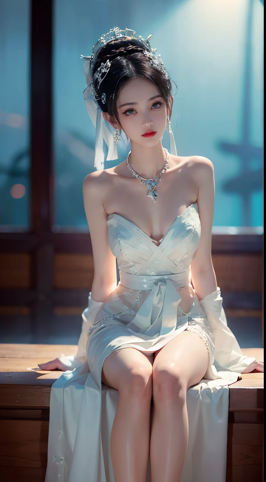 BAINV,  ((Bare shoulder)), ((full body)), ((Shot from a random perspective)), ((sitting position)), ((in the classroom, Sit at the lectern)), (yushuxin,1girl,solo), clear face, pretty face, 8k, masterpiece, original photo, best quality, detail:1.2,lifelike, detail, Very detailed, CG, unified, wallpapers, depth of field, movie light, lens flare, Ray tracing, (extremely beautiful face, beautiful lips, beautiful eyes), intricate, detail face, ((ultra detailed skin)), 1 girl, in the darkness, deep shadow, beautiful korean girl, kpop idol,(Very slim figure:1.3), A plump chest, Large breasts, Slender sexy legs, Very nice legs, elegant posture, (bright smile), (City night, (neon lights), (night), beautiful korean girl, white diamond earrings, Diameter bracelet, Dia necklace, clear eyes, (big eyes)