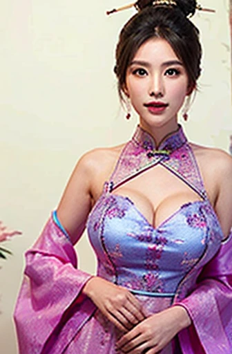beautiful girl、Top knot,Chinese headdress:1.4,Chinese hairpins:1.4,High level of image quality、Like a shot with an SLR、Big breast beauty((Large Breasts、Breast sagging、Low-cut,cleveage ,Wide hips,)))((Long legs)),Hourglass figure))、body of、Chinese clothes、Slit、Draw an artwork of a woman wearing a traditional cheongsam