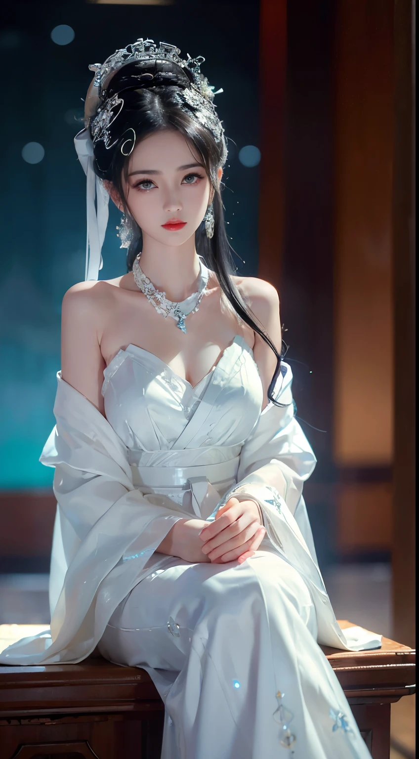 BAINV,  ((Bare shoulder)), ((full body)), ((Shot from a random perspective)), ((sitting position)), ((in the classroom, Sit at the lectern)), (yushuxin,1girl,solo), clear face, pretty face, 8k, masterpiece, original photo, best quality, detail:1.2,lifelike, detail, Very detailed, CG, unified, wallpapers, depth of field, movie light, lens flare, Ray tracing, (extremely beautiful face, beautiful lips, beautiful eyes), intricate, detail face, ((ultra detailed skin)), 1 girl, in the darkness, deep shadow, beautiful korean girl, kpop idol,(Very slim figure:1.3), A plump chest, Large breasts, Slender sexy legs, Very nice legs, elegant posture, (bright smile), (City night, (neon lights), (night), beautiful korean girl, white diamond earrings, Diameter bracelet, Dia necklace, clear eyes, (big eyes)