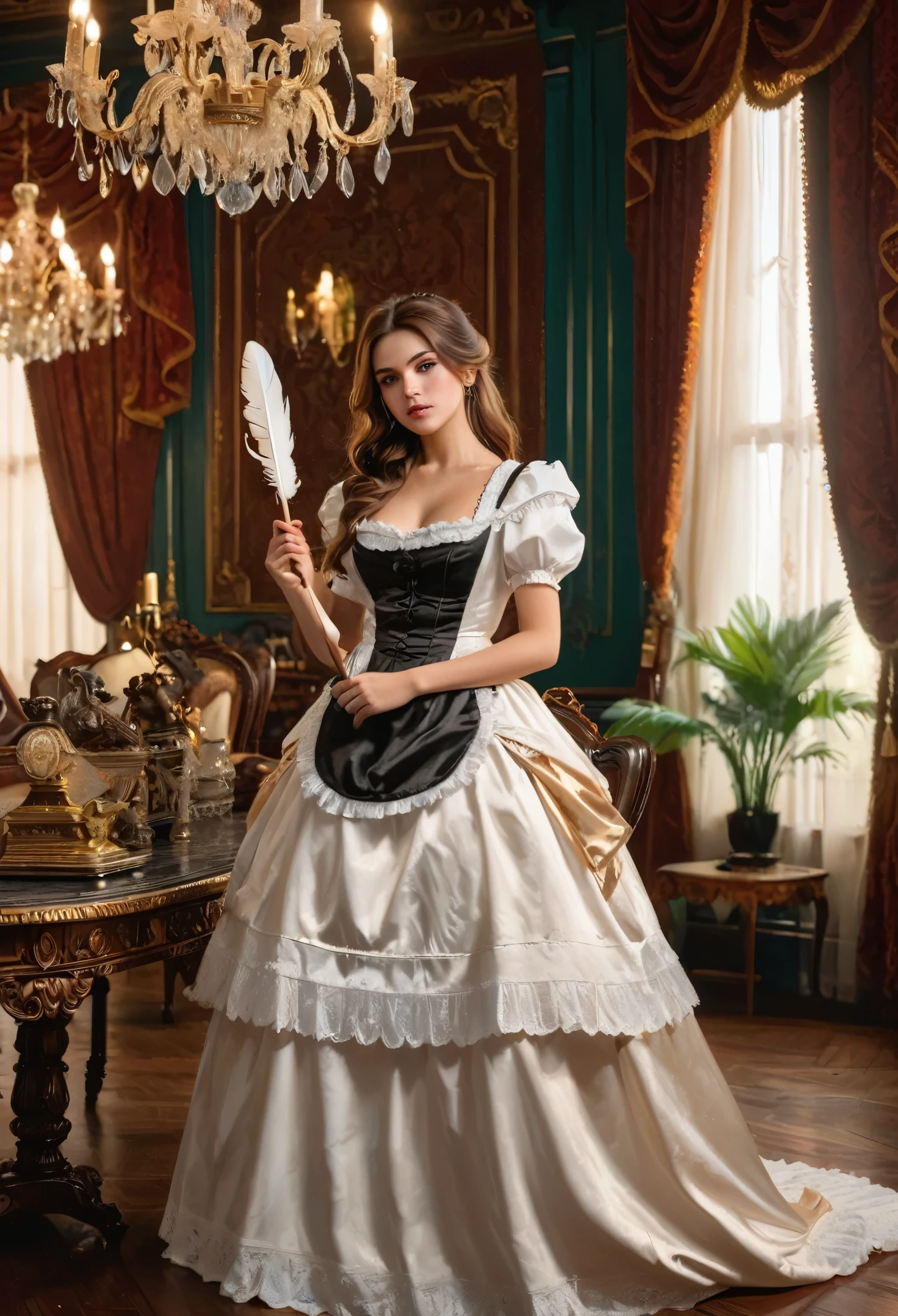 a beautiful maid in a french maid outfit, long brown hair, detailed eyes, detailed face, porcelain skin, elegant posture, holding a feather duster, standing in a luxurious victorian style room, ornate furniture, chandelier, opulent curtains, hardwood floors, dramatic lighting, cinematic composition, intricate details, vibrant colors, (best quality,4k,8k,highres,masterpiece:1.2),ultra-detailed,(realistic,photorealistic,photo-realistic:1.37)