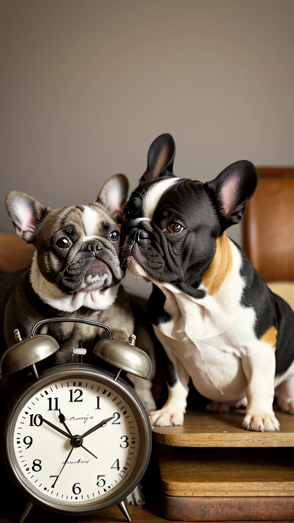 French bulldog and antique alarm clock