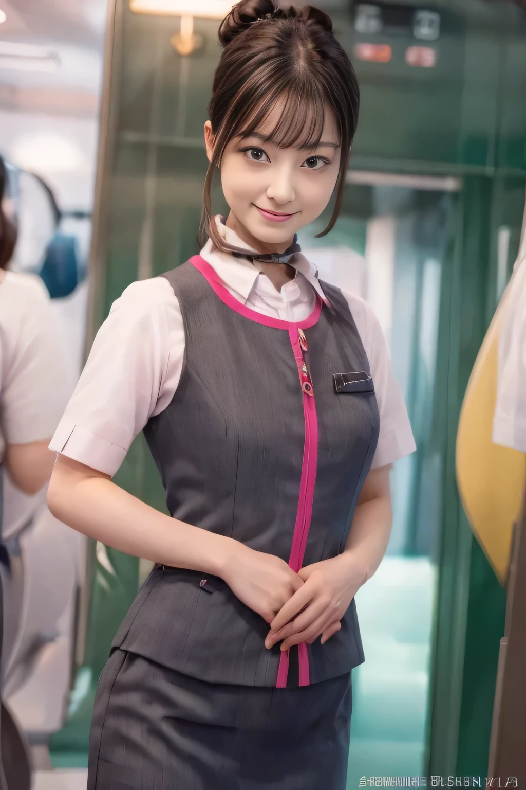 (masterpiece:1.2, highest quality:1.2), 32K HDR, High resolution, (alone、1 girl)、(On board the Shinkansen、Professional Lighting)、Background in the car、(Realistic style wearing JR GranClass attendant uniform)、Blouse with short sleeves、Scarf around the neck、(JR GranClass attendant uniform with pink parts on the sleeves of the skirt)、(JR GranClass attendant uniform with pink line on front zipper of vest)、Dark brown hair、(Hair tied up、Bun Hair、Chignon)、Dark brown hair、Long Shot、Big Breasts、((Fine hand:2.0)),((Harmonious body proportions:1.5)),((Normal limbs:2.0)),((Normal finger:2.0)),((Delicate eyes:2.0)),((Normal eyes:2.0)))、Luxury Necklace、smile、Beautiful standing posture,Place your hands around your stomach