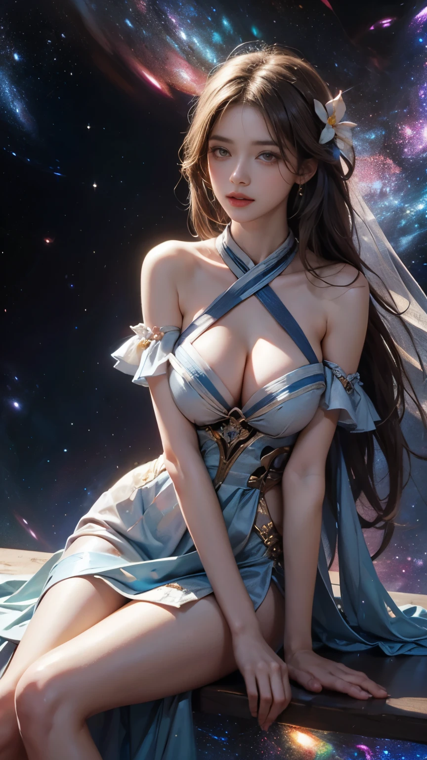 ((Large breasts)),Bare shoulders, short hemlines, 4k ultra hd, masterpiece, a girl, good face, detailed eyes, detailed lips, flower fairy girl, neon lights, (galaxy background:1.5), in the heaven, sitting on the unicon