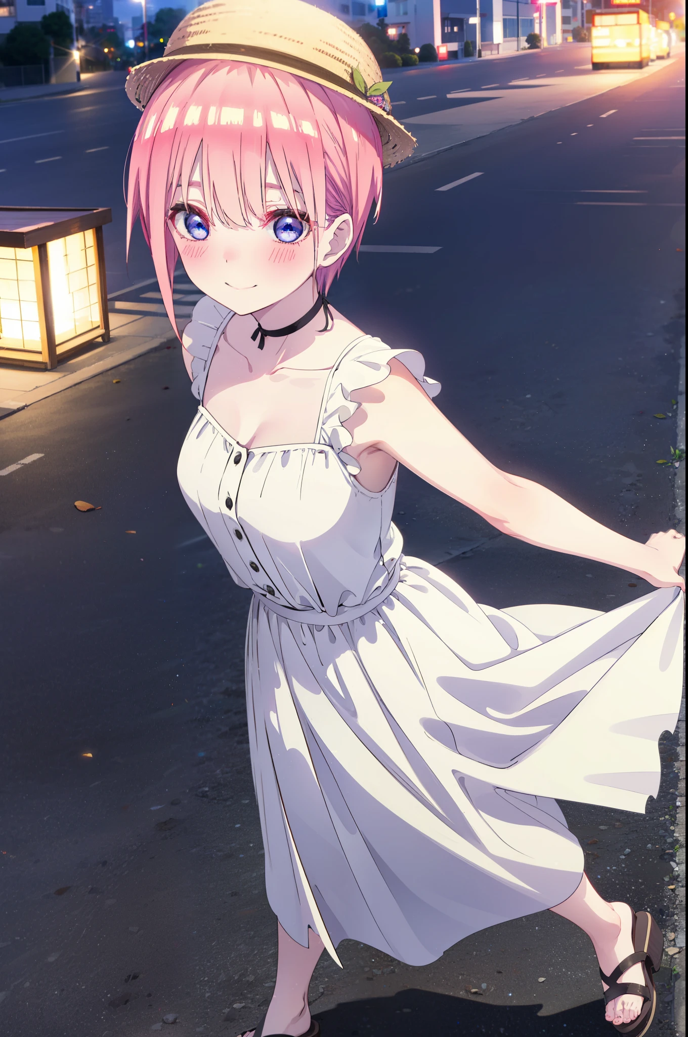 ichikanakano, ichika nakano, short hair, bangs, blue eyes, Hair between the eyes, Pink Hair, Big white hat,smile,Sleeveless white dress,Bare arms,White long skirt,Cute heeled sandals,whole bodyがイラストに入るように,Looking down from above,walk,moonlight,night,ロマンチックなnight景,
break outdoors, city,海岸通り
break looking at viewer, whole body,
break (masterpiece:1.2), highest quality, High resolution, unity 8k wallpaper, (shape:0.8), (Beautiful details:1.6), Highly detailed face, Perfect lighting, Highly detailed CG, (Perfect hands, Perfect ???????),