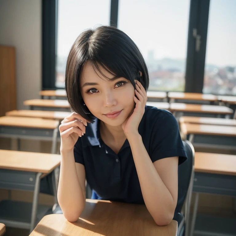 Top quality,8K picture quality,masterpiece:1.3),(Ultra-high resolution,Realism:1.4,original photography),(Ultra Detailed,Caustic lines,Detailed background),(Ultra-realistic capture,Beautifully detailed skin,perfect anatomy),Sitting,Desk,Hands on the table,bright warm light,30 year old Taiwanese woman,Single eyelid,Black short bob,dark blue shirt,Looking at the camera,a smile,Natural soft lighting