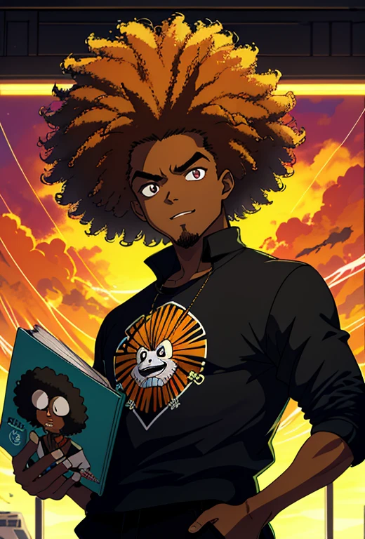 (mejor calidad),(obra maestra), (fondo de pantalla 8k extremadamente detallado),ultra detallado,cinematic lighting, luz detallada, mejor sombra, dynamic angle, 1 chica,solo, piel clara, a cartoon image of a tanned woman with a big afro hair with frizzy hair wearing an negro shirt and a yellow plaid jacket, retrato de personaje, light naranja eyes, Afro rizado(negro hair:1.5,), sonriente, Inspirado en Huey de The Boondocks, (?????:0.5,Marron oscuro:1.3, naranja:1.2), fondo de graffiti, pechos grandes, ligeramente gordito, personaje de estilo anime, in the art style of 80s anime, estudiando, mirando hacia el libro, de noche, female room background