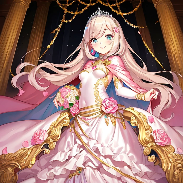 (kawaii),(best quality),(ultra detailed),(rococo style),(long train pastel pink cape:1.15), very long cape,(long train white ball gown with flower decorations:1.1), a girl is wearing a cape over her gown, 1 little princess, tiara, smile, very long hair, small breasts, beautiful detailed eyes, beautiful detailed lips, looking at viewer