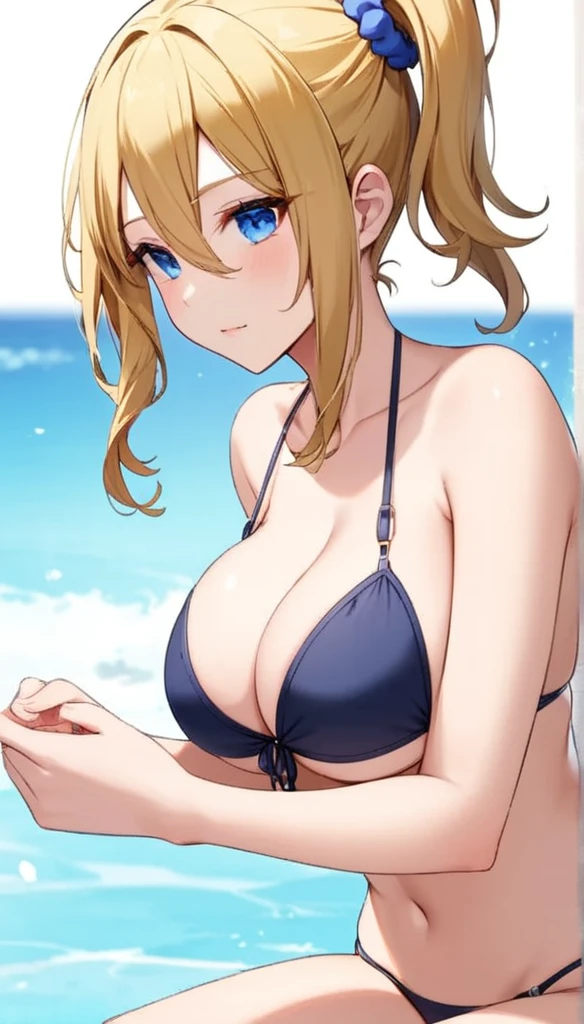 ai hayasaka, bangs, blue eyes, blonde hair, hair ornament, hair between eyes, sidelocks, side ponytail, scrunchie, hair scrunchie, blue scrunchie, (masterpiece:1.2, Best Quality:1.1), 32K HDR, High resolution, Solo, 1girl in, (big breasts:1.1, cleavage:1.1, Perfect slim body:1.2), squat down, (Detailed face, Detailed eyes, Detailed skin texture, Perfectly shaped hands, 5FINGERS), sexy bikini, beach, ((((delicate and beautiful hands and fingers)))),