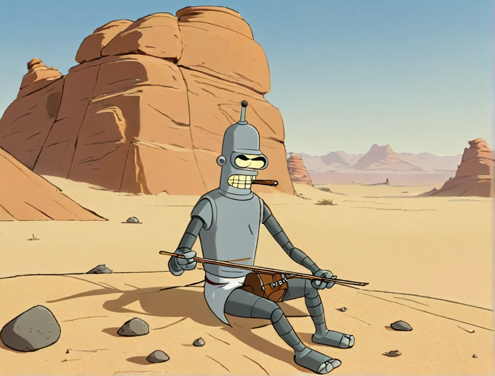 Bender playing erhu sitting at Rock in Desert, Style of Jamie Hewlett 