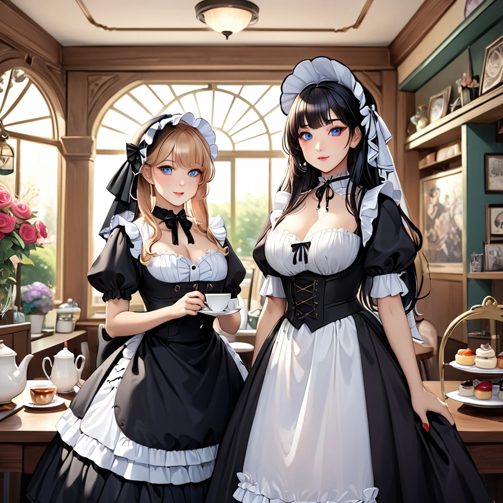 highest quality, masterpiece, Symmetrical and highly detailed eyes, Multiple girls, Highly detailed background,  tendency (Art Station:1.46), Surreal, Natural lighting, 8K resolution, masterpiece, Cafe with an English garden, A tea party with Gothic ****ta maid cosplayers、Gothic ****ta costume ***s in the background、Everyone is showing off their own cosplay.、An elegant white dress with a black base and a hidden chest、Highly detailed frills、Roll up the bonnet vertically、Skirt inflated with panniers、Gothic ****ta Style、****ta *** in white elegance black dress decorated with ruffles、Skirt with vertical roll pannier、Pixar Style, Tristan Eaton、Stanley Artgarm、Tom Bagshaw