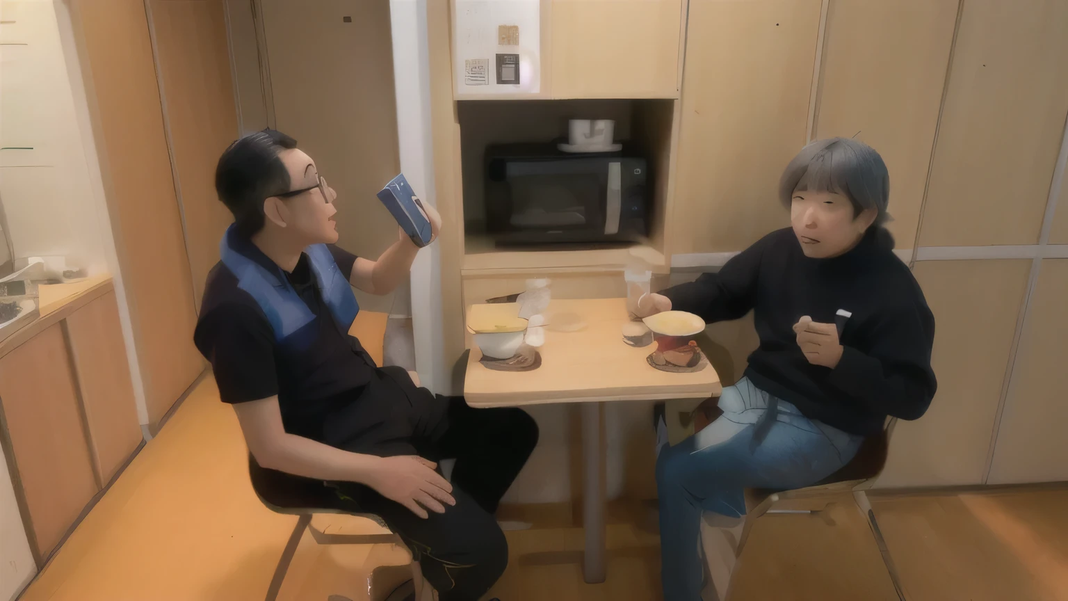 They are sitting at the table and eating together, In a Japanese apartment, shinji higuchi and tomoki kyoda, Filmed in the early 2020s, katsuhiro and inio asano, zeen chin and terada katsuya, Eat ramen, Photos taken in 2020, junji ito and horiyoshi iii