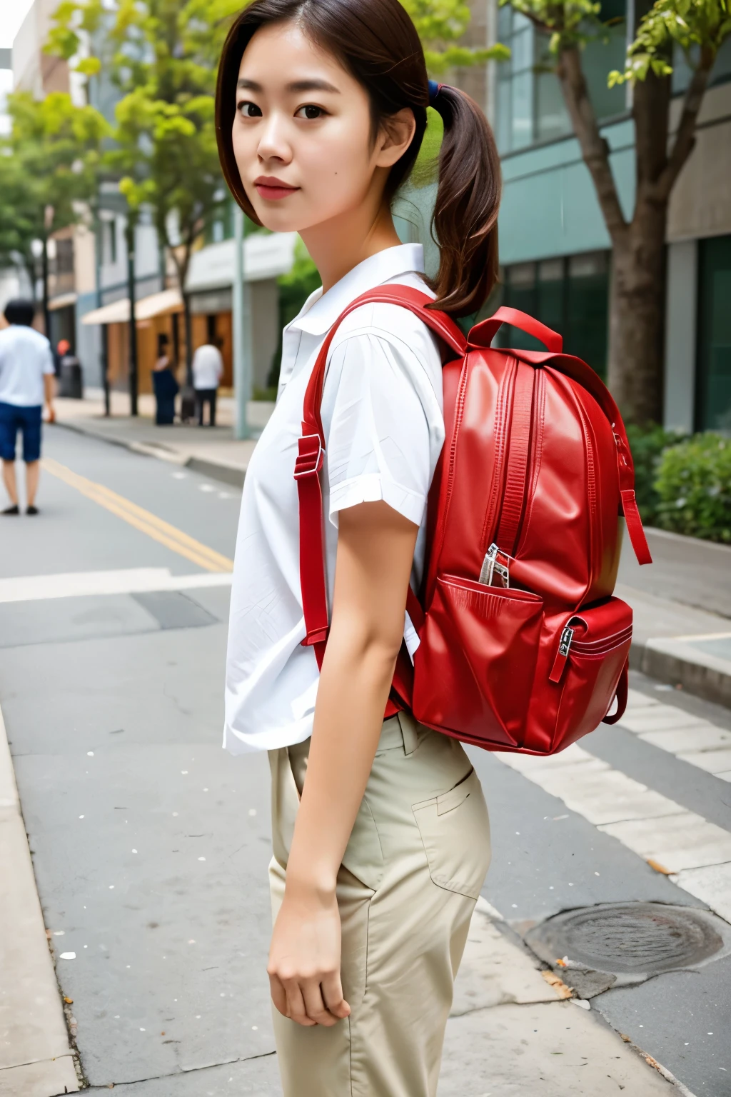 RAW photo, portrait, best quality, high res,
(1 women:1.3), solo, wearing white collared shirt, short sleeves, wear brown trousers pants, street background, fullbody, wearing travel backpack, red backpack, view from side