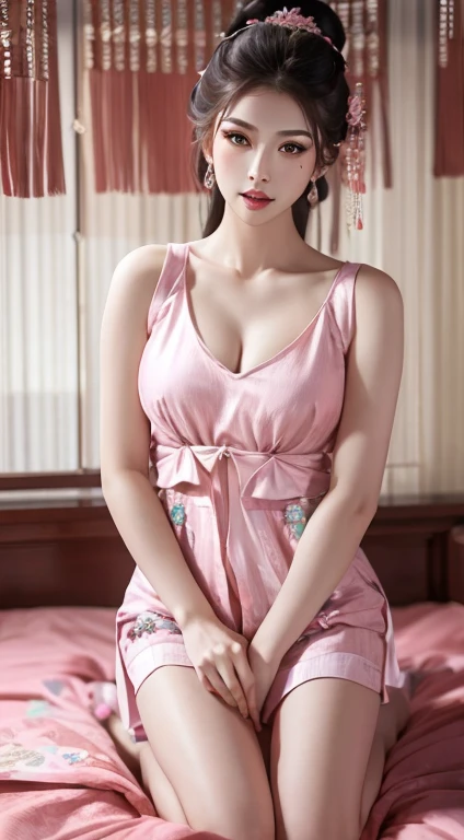 Fashion model 20 years old [[[[Cleavage特写]]]], ((Large Breasts、Breast sagging、Low-cut，Cleavage ，Wide hips,)))((Long legs)),Hourglass figure))[[[[]]]], [[[[rape]]]], [[[[Shoulders]]]], Perfect eyes, Perfect iris，Perfect lips，Perfect Teeth，Perfect skin，Fair skin，Soft front lighting，High Dynamic Range，girl，Pink casual，Kneeling on the bed，spread legs，Background with ancient Chinese interior decoration，4K Ultra HD, Ultra-high resolution, (realistically: 1.4), Best quality，masterpiece，（Pastel colors：1.2)