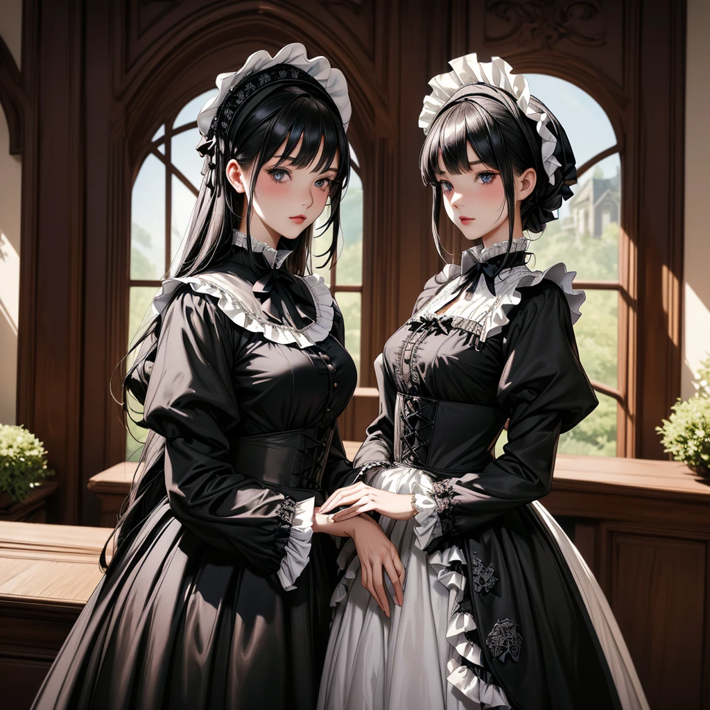 highest quality, masterpiece, Symmetrical and highly detailed eyes, Multiple girls, Highly detailed background, tendency (Art Station:1.46), Surreal, Natural lighting, 8K resolution, masterpiece, Cafe with an English garden, A tea party with Gothic ****ta maid cosplayers、Gothic ****ta costume ***s in the background、Everyone is showing off their own cosplay.、An elegant white dress with a black base and a hidden chest、Highly detailed frills、Roll up the bonnet vertically、Skirt inflated with panniers、Gothic ****ta Style、****ta *** in white elegance black dress decorated with ruffles、Skirt with vertical roll pannier、Pixar Style, Tristan Eaton、Stanley Artgarm、Tom Bagshaw