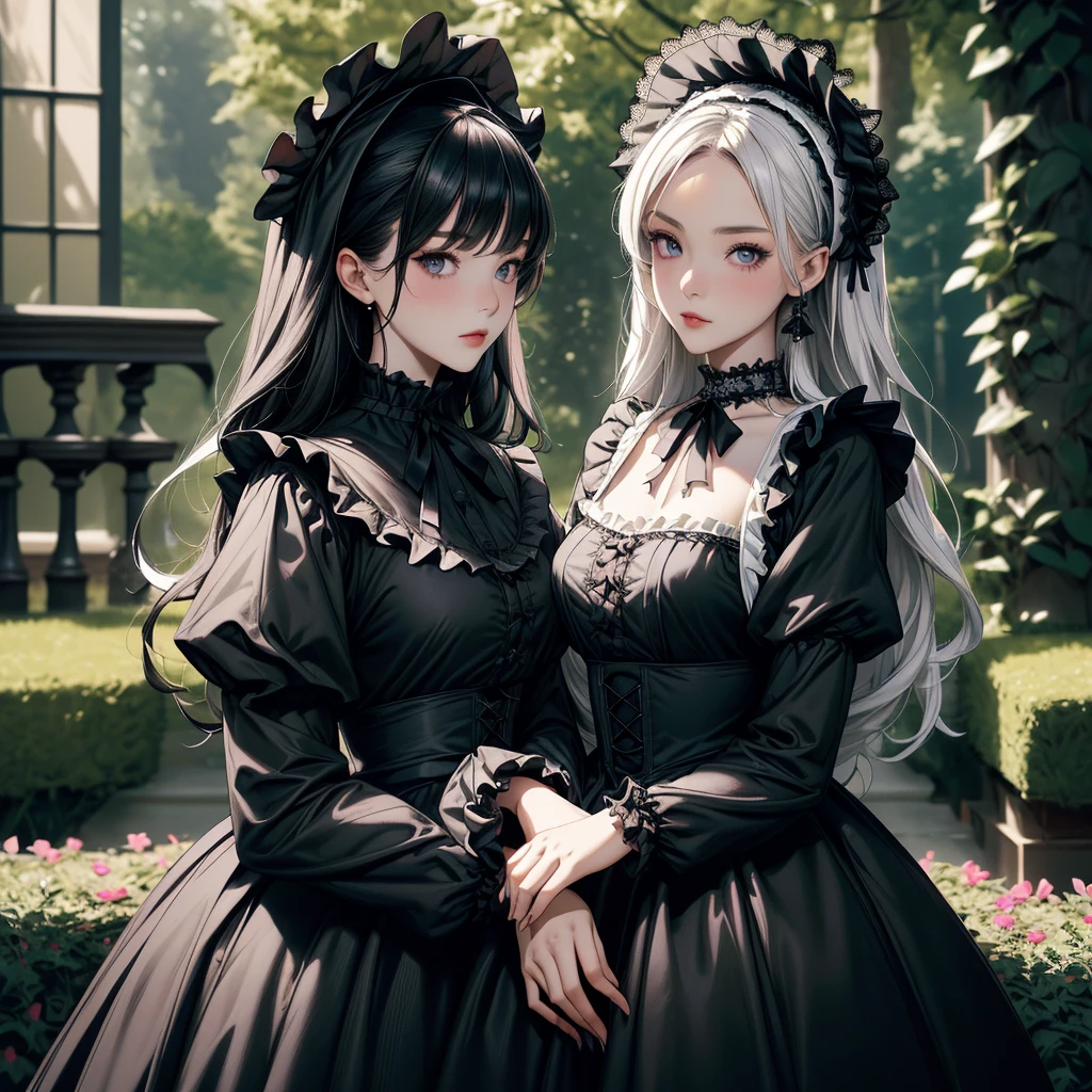 highest quality, masterpiece, Symmetrical and highly detailed eyes, Multiple girls, Highly detailed background, tendency (Art Station:1.46), Surreal, Natural lighting, 8K resolution, masterpiece, Cafe with an English garden, A tea party with Gothic Lolita maid cosplayers、Gothic Lolita costume 女の子s in the background、Everyone is showing off their own cosplay.、An elegant white dress with a black base and a hidden chest、Highly detailed frills、Roll up the bonnet vertically、Skirt inflated with panniers、Gothic Lolita Style、Lolita 女の子 in white elegance black dress decorated with ruffles、Skirt with vertical roll pannier、Pixar Style, Tristan Eaton、Stanley Artgarm、Tom Bagshaw