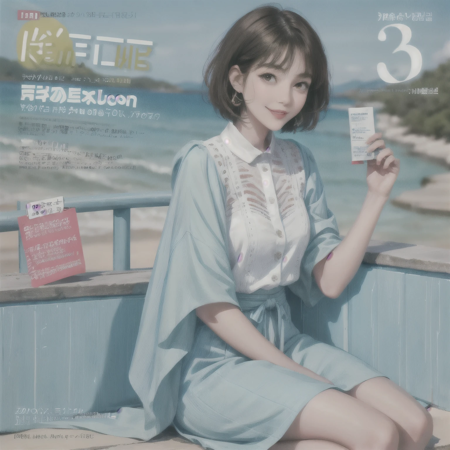 234 20-year-old female, short hair, Summer travel magazine, A kind smile, lipstick, Photo quality