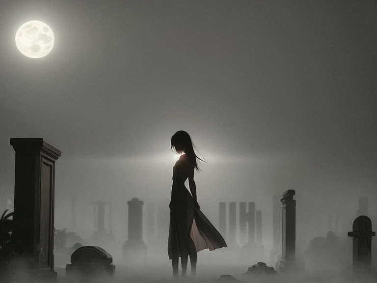 (very gentle and beautiful moonlight)、1 nude girl (view from the back) 、in an ancient cemetery there is a knee in thick fog, Offensive photo、solo、(silhouette)、(With movement)、dark background、Black figure of a naked girl with a perfect figure、(silhouette)、Sea background、One body、doleful、1 person, Nighty night, dense twilight, faded gray tones