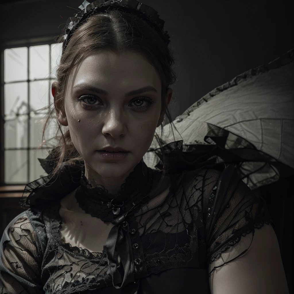 Full body shown. A zombie woman in a maid outfit, extremely detailed eyes and face, beautiful detailed lips, longeyelashes, detailed zombie skin texture, maid outfit with lace and ribbons, Halloween night, decorations, horror, dark and moody atmosphere, dramatic lighting, pale skin, sunken eyes, sharp teeth, dripping blood, brain, (best quality,4k,8k,highres,masterpiece:1.2),ultra-detailed,(realistic,photorealistic,photo-realistic:1.37),dark colors,deep shadows,cinematic,dramatic. Full body shon, show her from head to toe
