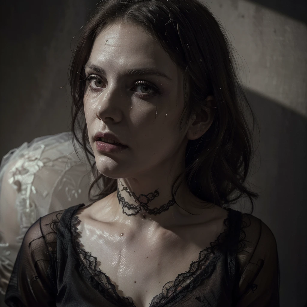 Full body shown. A zombie woman in a maid outfit, extremely detailed eyes and face, beautiful detailed lips, longeyelashes, detailed zombie skin texture, maid outfit with lace and ribbons, Halloween night, decorations, horror, dark and moody atmosphere, dramatic lighting, pale skin, sunken eyes, sharp teeth, dripping blood, brain, (best quality,4k,8k,highres,masterpiece:1.2),ultra-detailed,(realistic,photorealistic,photo-realistic:1.37),dark colors,deep shadows,cinematic,dramatic. Full body shon, show her from head to toe
