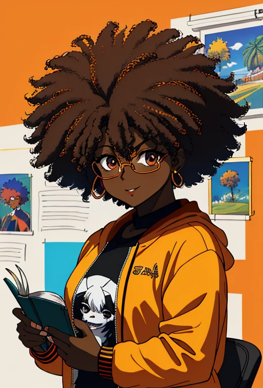 (mejor calidad),(obra maestra), (fondo de pantalla 8k extremadamente detallado),ultra detallado,cinematic lighting, luz detallada, mejor sombra, dynamic angle, 1 chica,solo, piel clara, a cartoon image of a tanned woman with a big afro hair with frizzy hair wearing an negro shirt and a yellow plaid jacket, retrato de personaje, light naranja eyes, Afro rizado(negro hair:1.5,), sonriente, Inspirado en Huey de The Boondocks, (negro:0.5,Marron oscuro:1.3, naranja:1.2), fondo de graffiti, pechos grandes, ligeramente gordito, personaje de estilo anime, in the art style of 80s anime, estudiando, mirando hacia el libro, de noche, female room background, mujer guapa, escribiendo notas