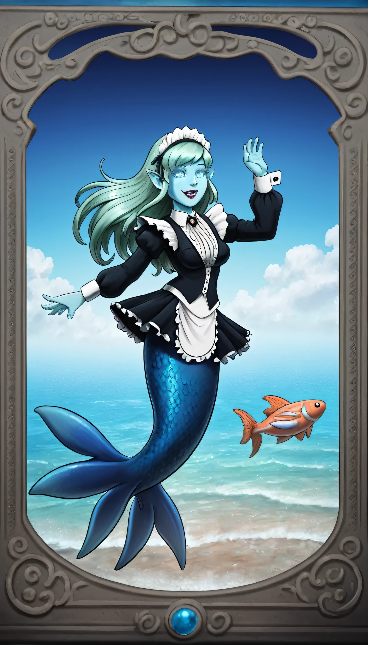 high details, best quality, 16k, ultra detailed, masterpiece, best quality, ((art deco style: 1.5)), full body, ultra wide shot, RAW, photorealistic, fantasy art, dnd art, rpg art, realistic art, an ultra wide picture of a mermaid  under the sea (intricate details, Masterpiece, best quality: 1.4) , female mermaid, (blue: 1.3) skin, (green: 1,3) hair, long hair, swirling hair, intense eyes, small pointed ears, ((blue eyes)), ((glowing eyes)), wearing (black:1.3) ((maid outfit)) flowing ((maid outfit:1.4) wearing a ((flowing maid skirt: 1.3)), beautiful mermaid, you can see rich underwater life, fish, riff, dynamic fantasy blue beach background ((magical atmosphere)), high details, best quality, highres, ultra wide angle, ggmine, Dark Novel