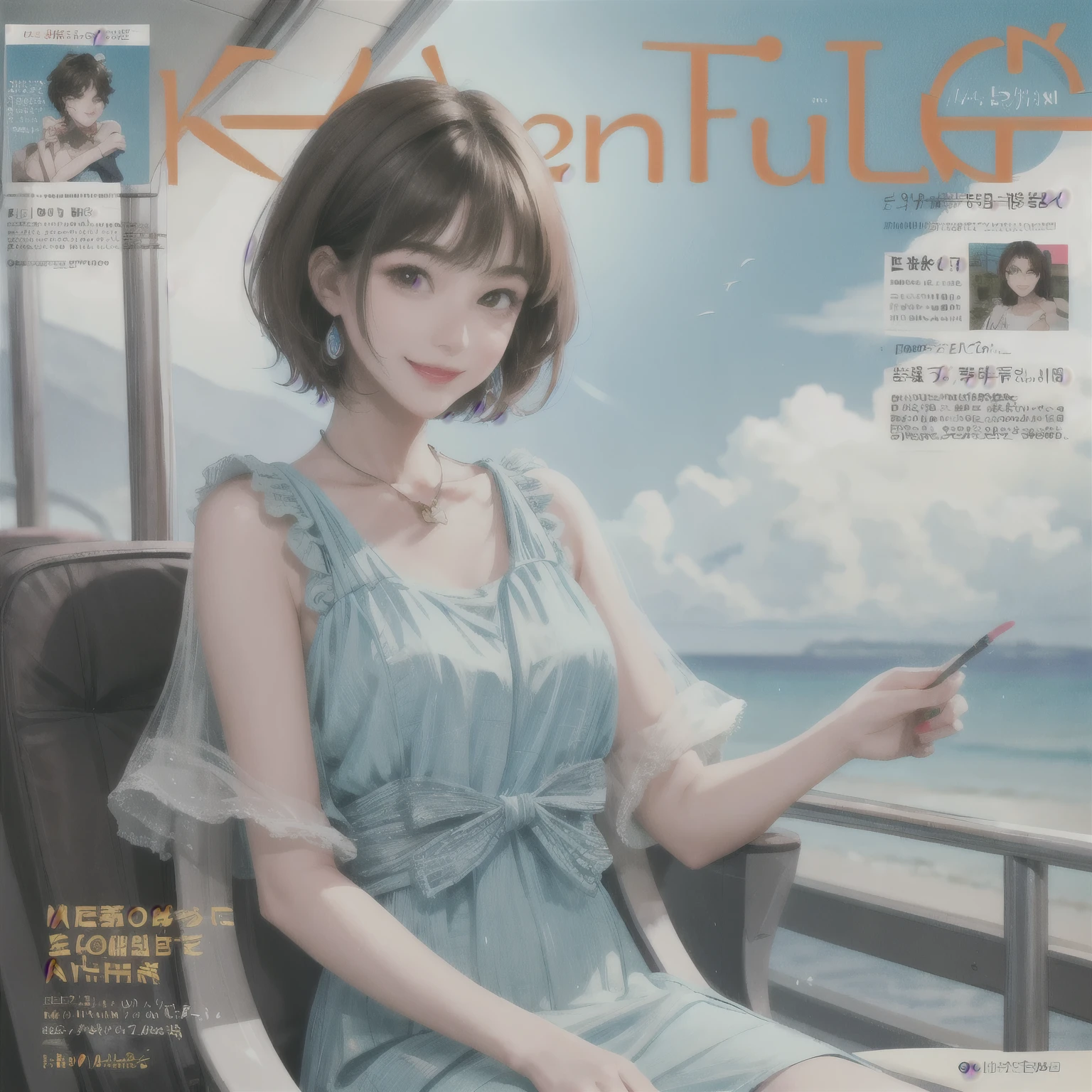 234 20-year-old female, short hair, Summer travel magazine, A kind smile, lipstick, Photo quality