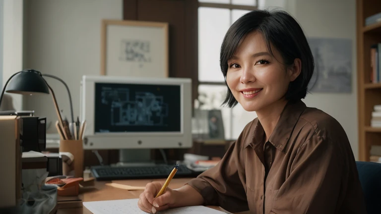 Top quality,8K picture quality,masterpiece:1.3),(Ultra-high resolution,Realism:1.4,original photography),(Ultra Detailed,Caustic lines,Detailed background),(Ultra-realistic capture,Beautifully detailed skin,perfect anatomy),Sitting,Desk,Hands on the table,bright warm light,35 year old mature Taiwanese woman,Single eyelid,Black short bob,dark blue shirt,Looking at the camera,a smile,Natural soft lighting