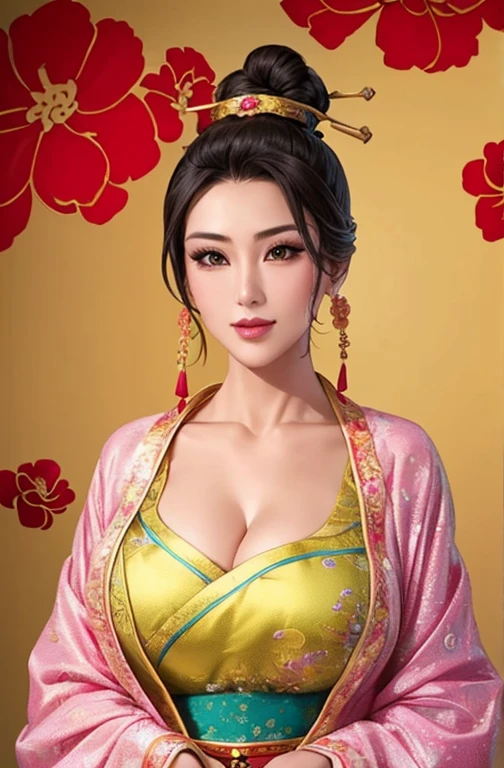 beautiful girl、Top knot,Chinese headdress:1.4,Chinese hairpins:1.4,High level of image quality、Like a shot with an SLR、Big breast beauty((Large Breasts、Breast sagging、Low-cut，cleveage ，Wide hips,)))((Long legs)),Hourglass figure))、body of、Chinese clothes、Slit、Draw an artwork of a woman wearing a traditional cheongsam