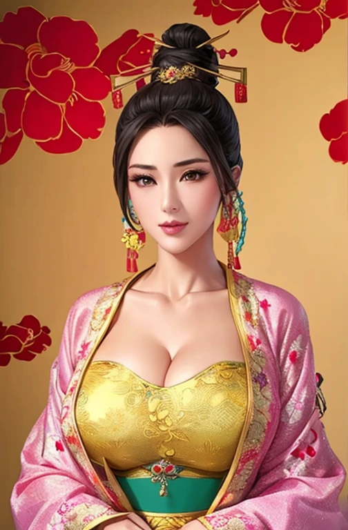 beautiful girl、Top knot,Chinese headdress:1.4,Chinese hairpins:1.4,High level of image quality、Like a shot with an SLR、Big breast beauty((Large Breasts、Breast sagging、Low-cut，cleveage ，Wide hips,)))((Long legs)),Hourglass figure))、body of、Chinese clothes、Slit、Draw an artwork of a woman wearing a traditional cheongsam