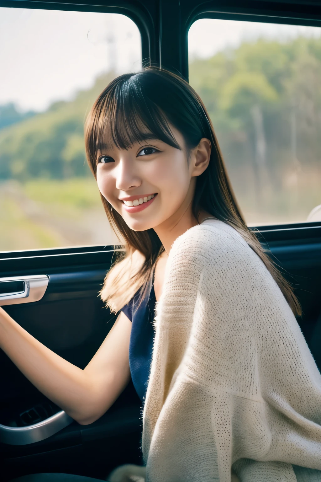 ((Tabletop:1.4, highest quality)), (Realistic photos:1.4),
((1 girl)), (Pure actress),
(超High resolution:1.2), Very delicate and beautiful, wonderful, Very detailedな CG Unity 8k 壁紙, Very detailed, High resolution,
Soft Light, Beautiful detailed girl, Very detailedな目と顔, Beautiful and detailed nose, Beautiful and detailed,
(Wear casual spring clothes:1.3),
Cinema Lighting, Perfect Anatomy, Slender body, (Parted bangs),
(Riding on a Japanese local train:1.3), (Car window), (Japan'The original landscape of),
Cowboy Shot, Looking at the audience, smile